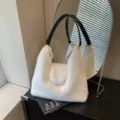 White plush shoulder bag for women fuzzy tote bag stylish autumn winter handbag - Off White