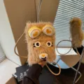 Lindo bolso de teléfono de oso de peluche de dibujos animados invierno cálido suave divertido - Bolso Bandolera de Oso / Caqui