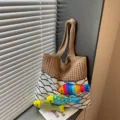 Borsa tote in maglia a contrasto di colore in stile coreano da donna, borsa a tracolla. - Khaki Onde