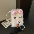 Bolso bandolera de teléfono de oso de peluche lindo, bolso de hombro cálido de invierno. - Bolso Bandolera de Oso / Blanco Crema