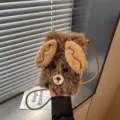 Graziosa borsa a tracolla per telefono in peluche marrone orso con orecchie, modello morbido. - Borsa a Tracolla Cane / Marrone