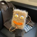 Borsa a tracolla in peluche soffice con occhi divertenti e grande bocca per inverno. - Borsa a Tracolla Grandi Occhi / Kaki