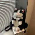 Zaino gatto in peluche nero e bianco carina bambola gattino simulazione borsa a spalla. - Nero