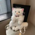 Zaino gatto in peluche bianco carino con colletto di pizzo e fiocco per ragazze. - Bianco avorio