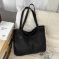 Borsa tote classica in tela nera con tasca frontale con zip, borsa a spalla casual capiente. - Nero