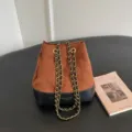 Women stylish quilted suede bucket bag autumn winter casual shoulder bag with chain strap - With Pendant / Brown