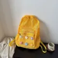 Yellow mesh drawstring backpack with cute crochet flowers, casual beach travel daypack. - Yellow
