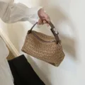 Chic woven straw handbag for women, casual summer beach shoulder bag with brown handle. - Brown