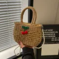 Chic straw woven handbag for women, cute cherry decor and pearl strap beach crossbody bag. - Khaki