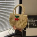 Pastorale straw woven handbag with crochet cherry and pearl strap for summer beach vacation. - Off White