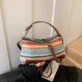Korean style colorful woven straw crossbody bag beach shoulder bag with brown leather strap - Colorful