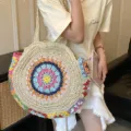 Bohemian round straw shoulder bag, colorful crochet beach vacation large capacity handbag detail. - Off White
