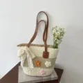 Woven beach tote bag for women with floral decor and brown leather handles casual shoulder bag. - Beige Patchwork
