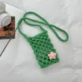 Green crochet phone bag handmade knitted crossbody mini purse with cute pink flower accent daily. - With Flower Decor / Green