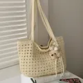 Beige hollow crochet shoulder bag, summer casual large capacity beach tote purse with cute bear pendant. - Cream White with Pendant