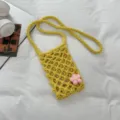 Yellow knitted phone crossbody bag, cute crochet flower accent, casual woven beach handbag. - With Flower Decor / Yellow