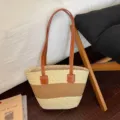 Large capacity woven straw tote bag, stylish striped summer beach shoulder handbag for travel. - Khaki
