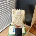 Beige hollow crochet shoulder phone bag with cute fringe tassels, perfect for summer beach. - Off-white Fringe