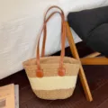 Large capacity straw woven shoulder bag summer beach casual handbag travel tote purse for women - Brown