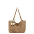 Sac d'épaule tissé creux d'été pour femmes, grand cabas de plage avec joli ruban de tulipe. - Khaki Fleur Blanche