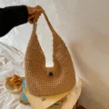 Borsa a spalla intrecciata traforata marrone, borsa da spiaggia estiva casual da donna. - Kaki