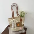 Chic straw woven tote bag with crochet flowers and bow, perfect for summer beach and commute. - Khaki Splicing