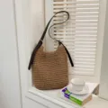 Καλλιτεχνική τσάντα ώμου από ψάθα, μεγάλη casual τσάντα παραλίας για καθημερινή χρήση. - Χακί