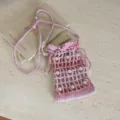 Pink crochet beaded phone bag, lightweight hollow knit crossbody bag for beach vacation. - Pink