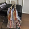 Ethnic Macrame Fringe Woven Shoulder Bag Blue White Brown Multi Beach Fisherman Bag - Red