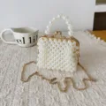 Pearl beaded mini handbag with gold chain strap, elegant shoulder crossbody bag for women. - Off White