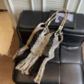 Black white khaki macrame fringe woven shoulder bag, stylish hollow beach fishnet bag design. - Black