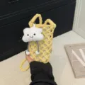 Borsa per telefono all'uncinetto gialla con ciondolo in peluche a nuvola bianca, borsa intrecciata. - con portachiavi / Giallo