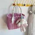 Cute pink woven handbag with scarf and bunny pendant, perfect for summer travel and daily use. - No Pendant / Pink