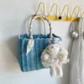 Blue and white woven tote bag with cute rabbit pendant, stylish summer beach shoulder bag. - No Pendant / Blue
