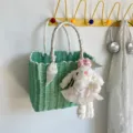 Green woven handbag summer straw basket with cute rabbit pendant and scarf variant style - No Pendant / Green