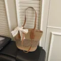 Straw woven beach tote bag for women, stylish hollow shoulder handbag with lace bow decor. - Khaki