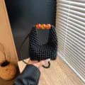 Black beaded mini handbag, sweet style pearl shoulder bag with amber handle for summer. - Black