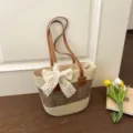 Straw Tote Bag Women Casual Summer Beach Handbag with Lace Bow Brown Shoulder Bag SKU - Off-white with Card