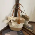 Woven beach straw tote bag with elegant lace bow pu leather handles casual summer shoulder bag - Khaki And Beige