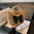 Bolso de paja tejido para mujer con bonito lazo, elegante bolso bandolera ideal para el verano. - Caqui Con Lazo Negro