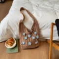 Bolso de hombro tejido de gran capacidad informal para mujer, estilo floral de verano dulce. - Caqui