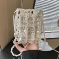 Mini pearl beaded handbag for women, elegant white satin pouch with floral design sweet style. - Flower Style