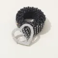 Fashion black mesh rhinestone heart buckle belt details, luxury crystal waist chain item. - Grid Heart Buckle Style (M231008001) / Black With Silver Rhinestones