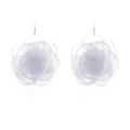 Detailed view of elegant white sheer chiffon flower drop earrings, vintage floral design. - White