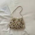 Boho woven shoulder bag for women, handmade wax rope handbag with colorful beads beach style. - White