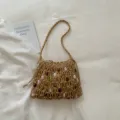 Bohemian macrame woven shoulder bag for women, beaded beach tote vacation straw handbag. - Brown