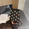 Bohemian black macrame beaded phone bag, stylish woven crossbody pouch for women beach travel. - Black