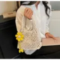 Handmade cotton knit hollow net tote bag with cute yellow flower pendant for beach vacation. - With Pendant / Off White