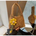 Knitted crochet net handbag with cute yellow flower plush pendant casual beach straw tote bag - With Pendant / Khaki