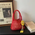Red cotton crochet mesh handbag with beige inner lining and cute yellow flower charm. - With Pendant / Red